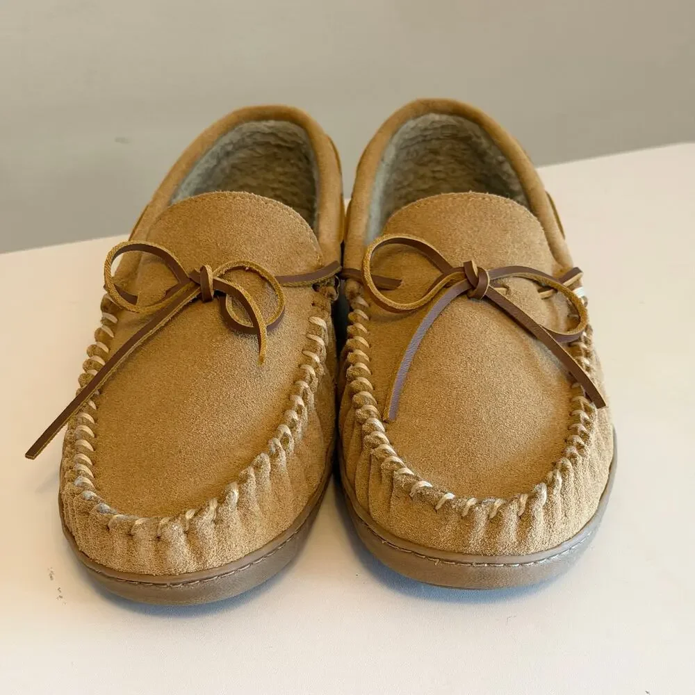 Minnetonka Moccasin Slippers Men 11 Tan Suede Faux Fur Lined Cozy Indoor Outdoor